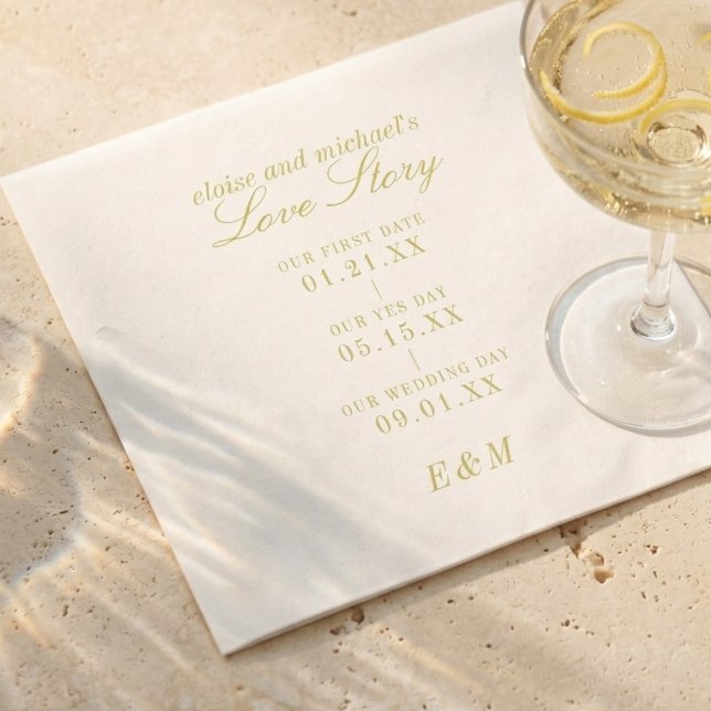 Klassisk Kärlekshistoria Tidslinjeddiagram Chartre Pappersservett (Classic Love Story Timeline Chartreuse Wedding Napkins
)