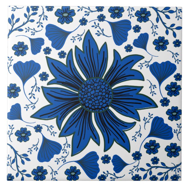 Klassisk kobolt blå och vit William Morris Kakelplatta (Framsidan)