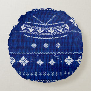 Klassisk koboltblå och vit nordisk snöflinga stick rund kudde