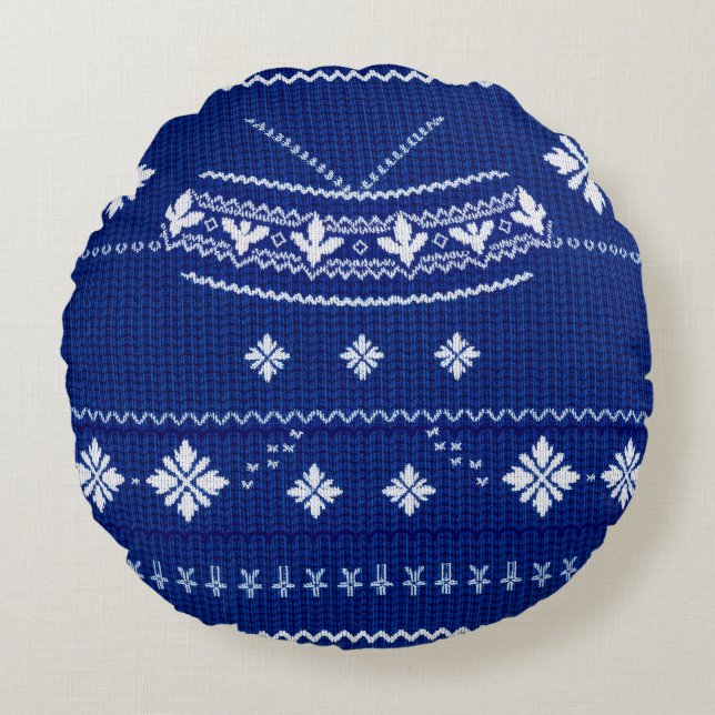 Klassisk koboltblå och vit nordisk snöflinga stick rund kudde (Framsidan)