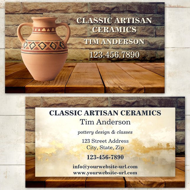 Klassisk Konsthantverks Keramik Krukmakeri Visiten Visitkort (Classic business card featuring a Roman urn on rustic wood - ceramic artist - pottery classes)