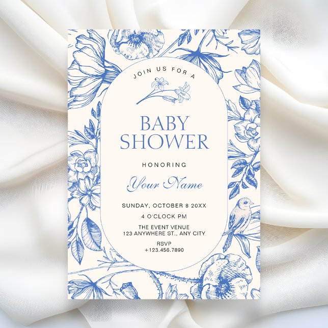 Klassisk konstnärlig blommande blå baby shower inbjudningar (Skapare uppladdad)