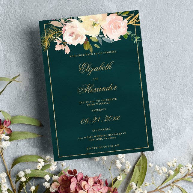 Klassisk korall för rosa vid guld, blommigt bröllo inbjudningar (Classic dark green gold pink coral floral wedding)