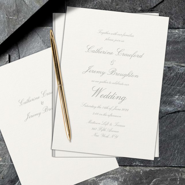 Klassisk krämvit linne bröllopsskrift inbjudningar (Classic Creamy White Linen Wedding Script Invitation. Classic elegance and timeless.)