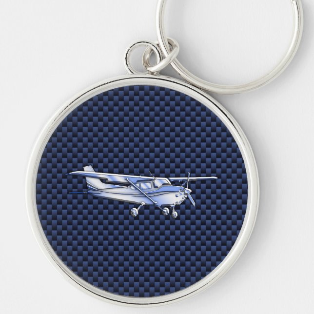 Klassisk krom (Cessna) flygande kolfiber Rund Silverfärgad Nyckelring (Framsidan)
