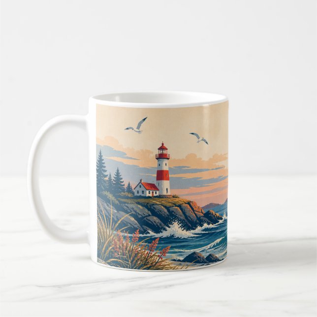 Klassisk Kust fyr solnedgång havsvågor Mugg (Vänster)