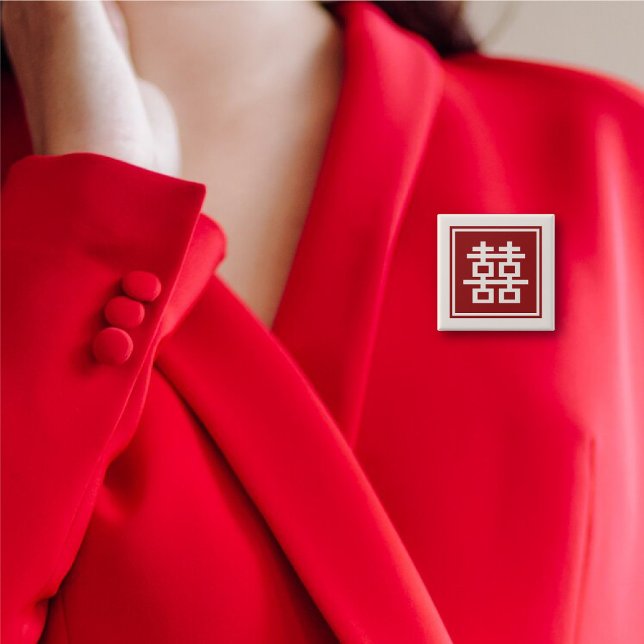 Klassisk kvadratisk Dubbla: kinesiska Bröllop Knapp (Classic Square Double Happiness Chinese Wedding Pinback Button @ fat_fa_tin)