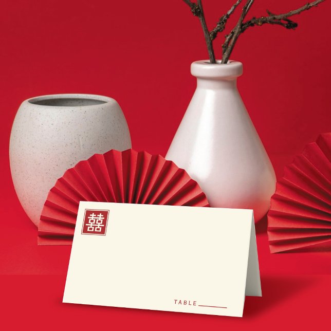 Klassisk kvadratisk Dubbla: kinesiska Bröllop Placeringskort (Classic Square Double Happiness Modern Chinese Wedding Folded Place Card @ fatfatin_red_knot)