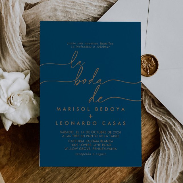 Klassisk La Boda de Bröllop, blå Guld Inbjudningar (Skapare uppladdad)