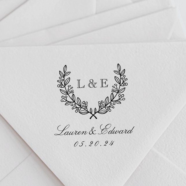 Klassisk lagerkrans vigselmonogramnamn självfärgande stämpel (Skapare uppladdad)