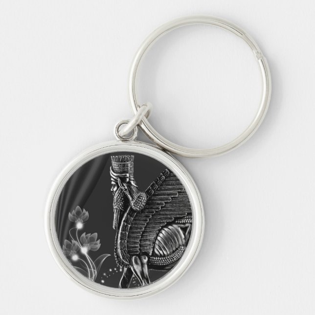 Klassisk Lamassu-knappnyckelkedja Rund Silverfärgad Nyckelring (Framsidan)