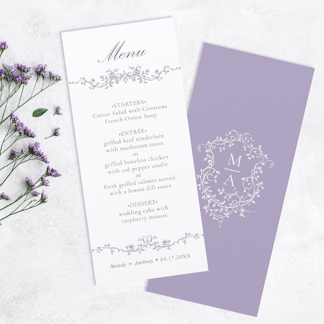 Klassisk Lavendel Blommig Kant Bröllop Meny (Front & Back)