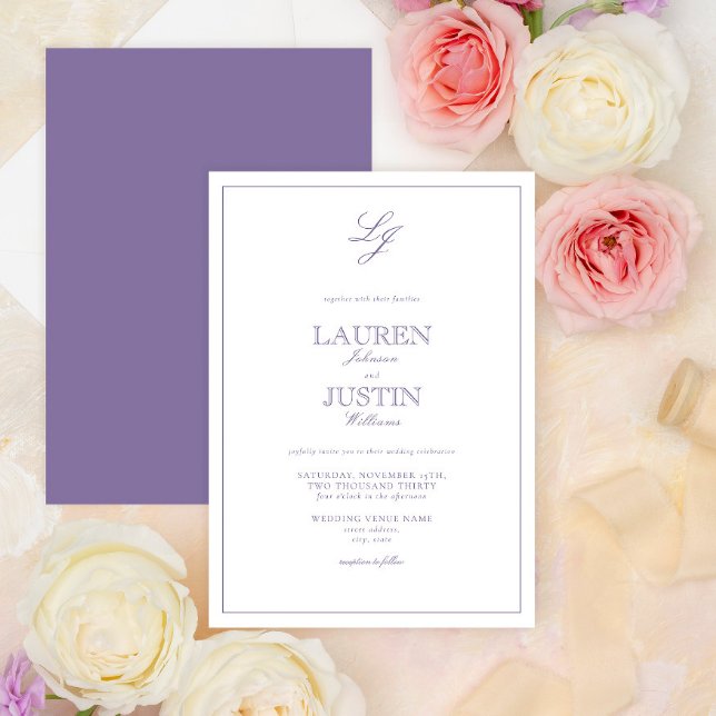 Klassisk lavender Calligraphy Monogram Bröllop Inbjudningar (Skapare uppladdad)
