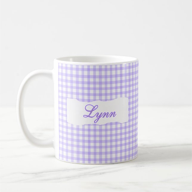 Klassisk lila gingham-personlig namn  kaffemugg (Vänster)