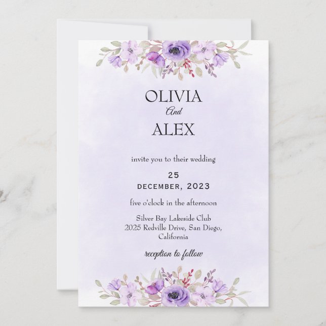 Klassisk Lila Minimalistisk Blommig Bröllopsinbjud Inbjudningar (Framsida)