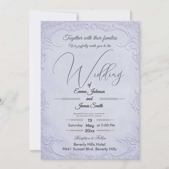 Klassisk lila präglad blomsterbröllopsinbjudan inbjudningar (Framsida)