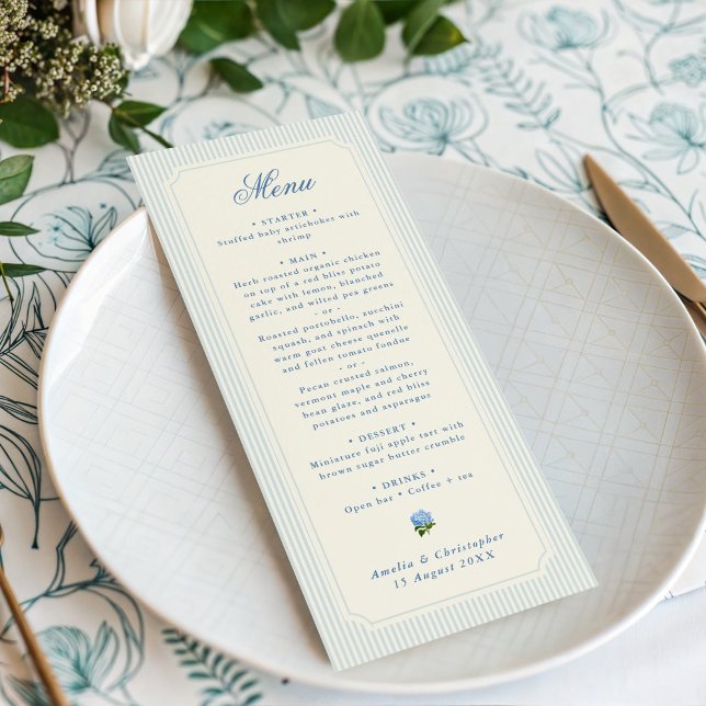 Klassisk Ljusblå Randig Hortensia Bröllop Meny (classic blue pinstripes wedding menu)