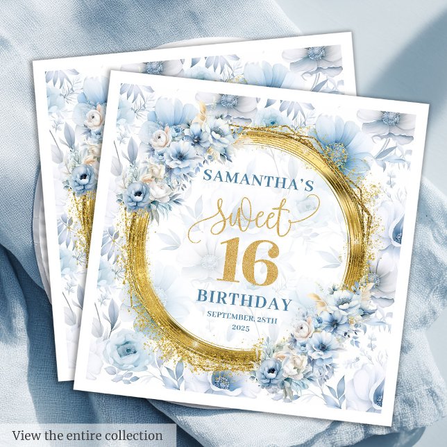 Klassisk ljusblå Sweet sixteen Guld Glitter Pappersservett (Classic Light Blue Sweet Sixteen Gold Glitter Napkins)