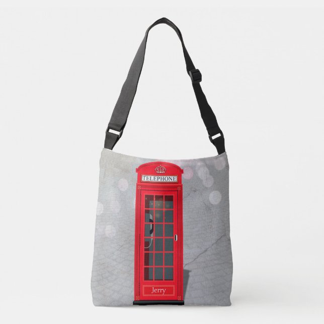 Klassisk London röd telefonkiosk med namn  Axelväska (Framsida)