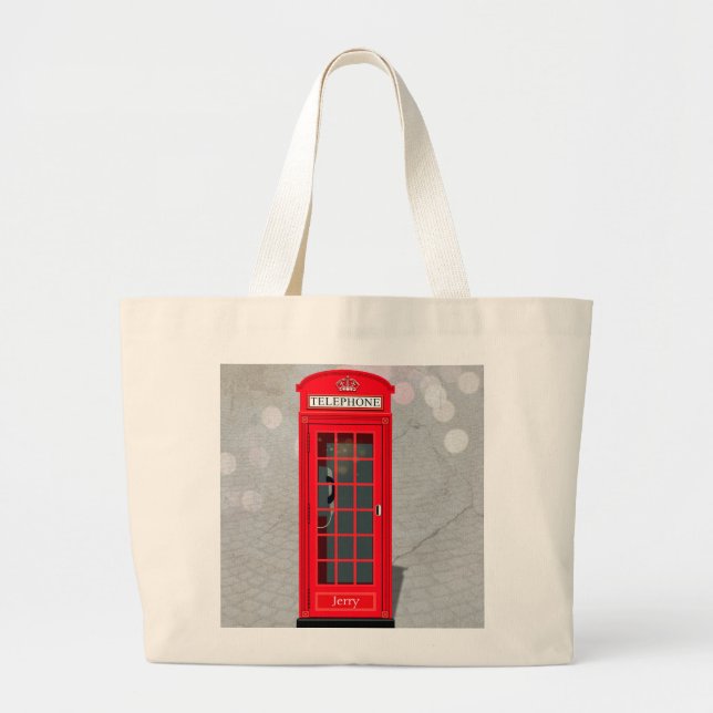Klassisk London röd telefonkiosk med namn  Jumbo Tygkasse (Framsidan)