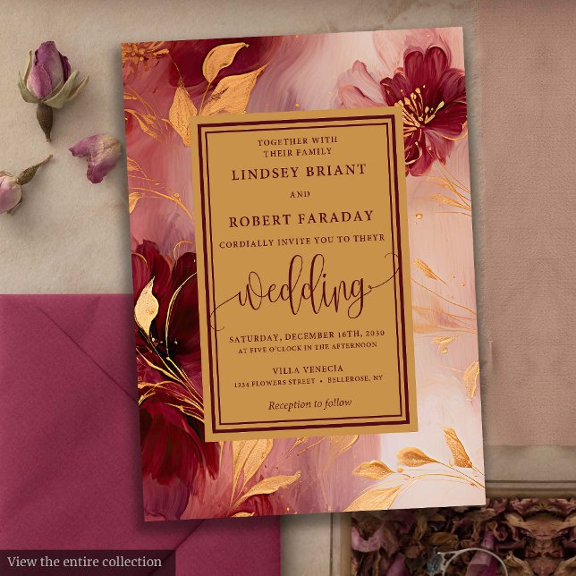 Klassisk Lux Burgundy  Guld Flowers Bröllop Inbjudningar (Classic Lux Burgundy Blush Gold Flowers Wedding Invitation)