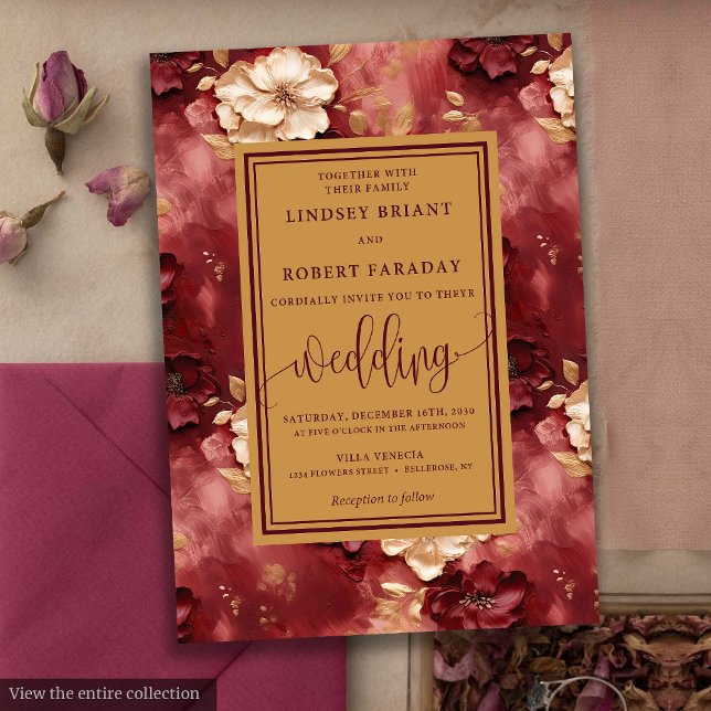 Klassisk Lux Mörk Red Guld Blommigt Bröllopsinbjud Inbjudningar (Classic Lux Dark Red Gold Floral Wedding Invitation)