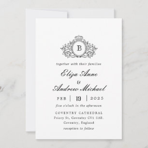 Klassisk Luxe Black & White Vapensköld Monogram Br Inbjudningar