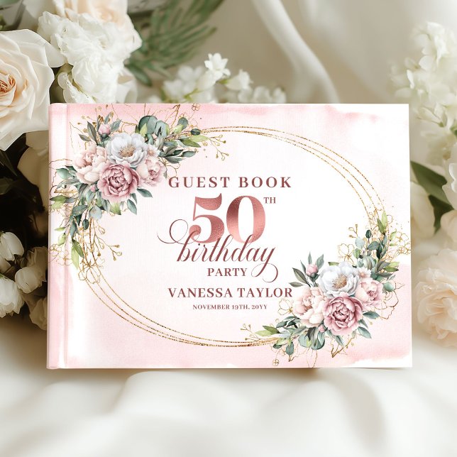 Klassisk Lyx Rosa Guld 50-årsdag Gästbok (Classic Luxe Rose Gold 50th Birthday Guest Book)
