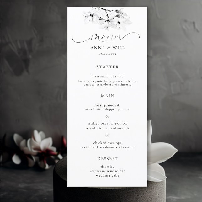 Klassisk Magnolia Black White Blommigt Modern Bröl Meny (Magnolia Wedding Menu Elegant Floral Modern Classic Black and White Bohemian)