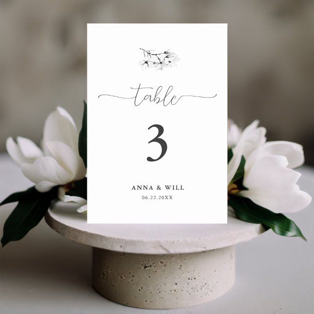 Klassisk Magnolia Black White Elegant bröllop Bordsnummer (Classic Magnolia Wedding Table Number Black and White Elegant Modern Simple Formal Traditional)