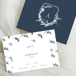 klassisk marin blå blommigt i monogram vapensköld  OSA kort