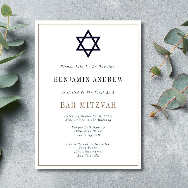 Klassisk marin blå Guld Star Pub Mitzvah Inbjudningar (Classic Navy Blue Gold Star of David Bar Mitzvah Invitation. Formal Traditional)