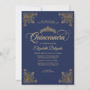 Klassisk marin Blue Guld Ram Tiara Quinceanera Inbjudningar