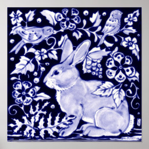Klassisk marin Blue, White Rabbit Birds Dedham Del Poster