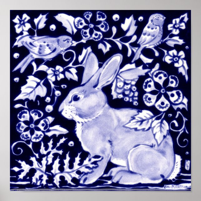 Klassisk marin Blue, White Rabbit Birds Dedham Del Poster (Framsidan)