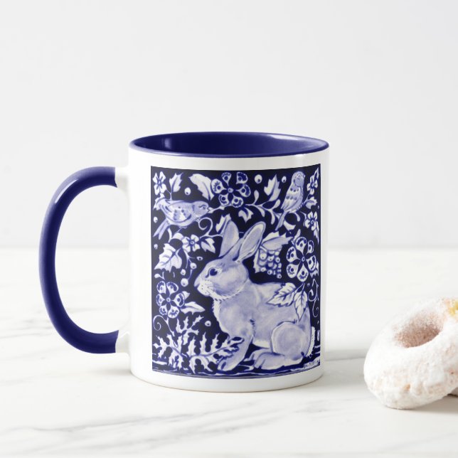 Klassisk marin Blue White Rabbit Birds Dedham Delf Mugg (Med munk)