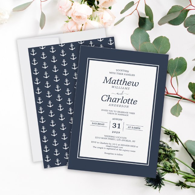Klassisk marin flotta, blå Bröllop Inbjudningar (Classic Nautical Anchor Navy Blue Wedding Invitation
)