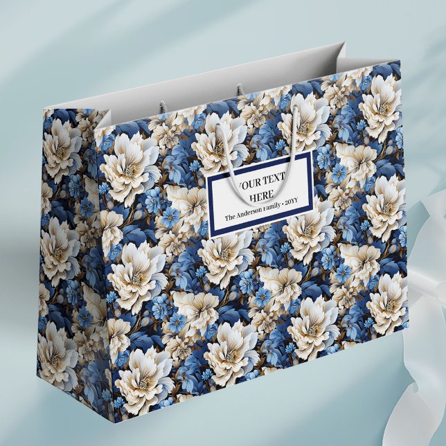 Klassisk marin vit elfenbensblomma elegant present (Classic Navy White Ivory Floral Elegant Gift Bag)