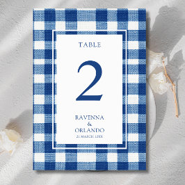 Klassisk marinblå babyblå rutig gingham bröllop bordsnummer
