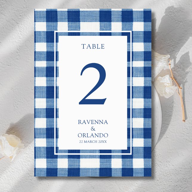 Klassisk marinblå babyblå rutig gingham bröllop bordsnummer (Skapare uppladdad)