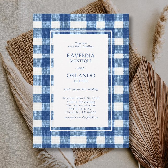 Klassisk marinblå babyblå rutig gingham bröllop inbjudningar (Skapare uppladdad)