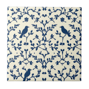 Klassisk marinblå fågel Damask Toile Silhuett Kakelplatta