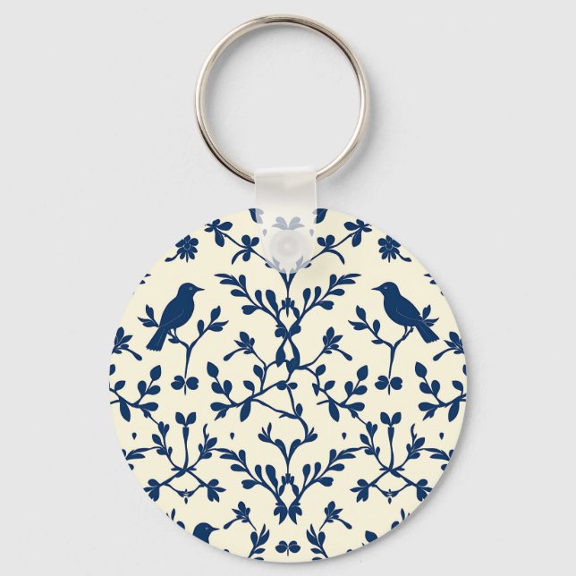 Klassisk marinblå fågel Damask Toile Silhuett  Nyckelring (Framsida)