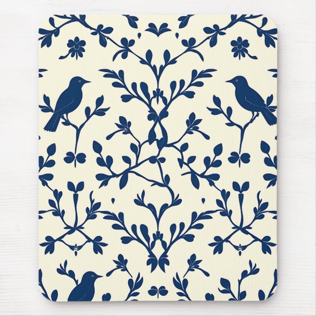 Klassisk marinblå fågeldamask Toile-silhuett  Musmatta (Framsidan)