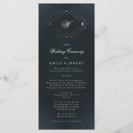 Klassisk marinblå kalligrafisk monogram bryllop program