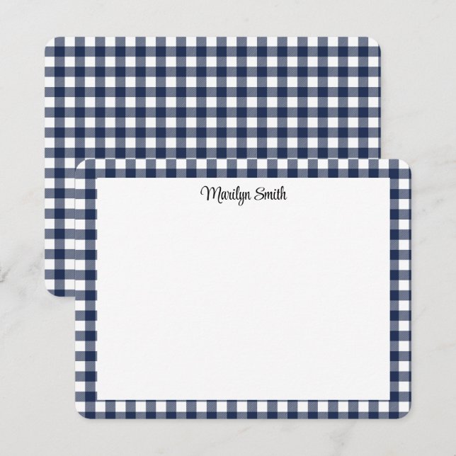 Klassisk marinblå och vit gingham-ruta budgetprese anteckningskort (Fram/baksida)