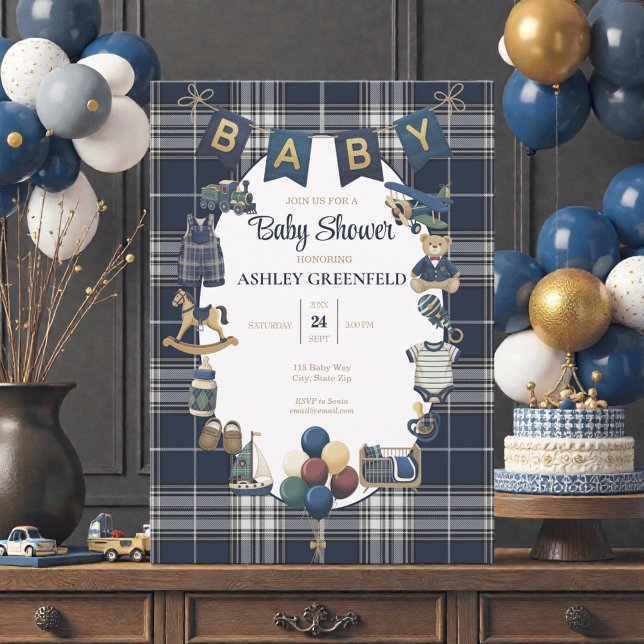 Klassisk marinblå rutig baby shower inbjudningar (Skapare uppladdad)