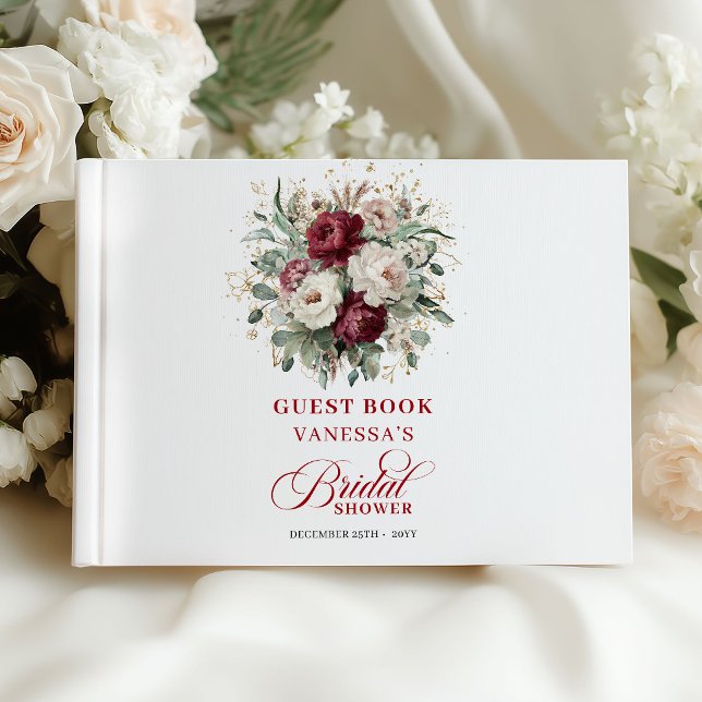 Klassisk marinblommig bröllopsfest för gäster med  gästböcker (Classic Maroon Floral Gold Bridal Shower Guest Book)