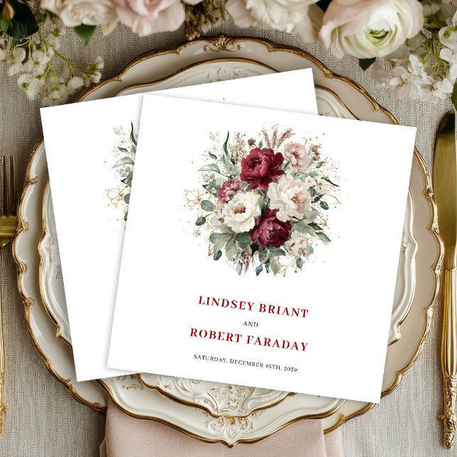 Klassisk marinblommig eukalyptus guldbröllop pappersservett (Classic Maroon Floral Eucalyptus Gold Wedding Napkins)