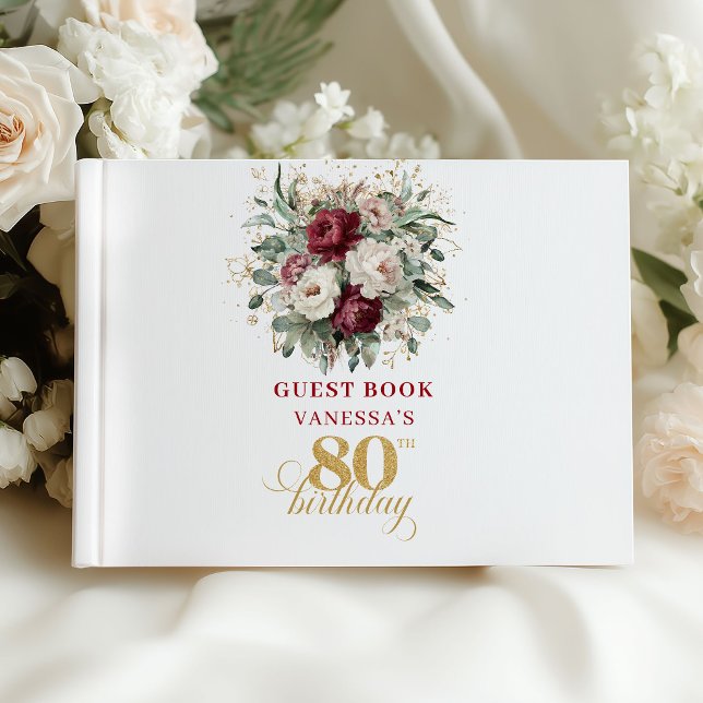 Klassisk marinblommig gästbok för 80-årsfirande (Classic Maroon Floral 80th Birthday Guest Book)